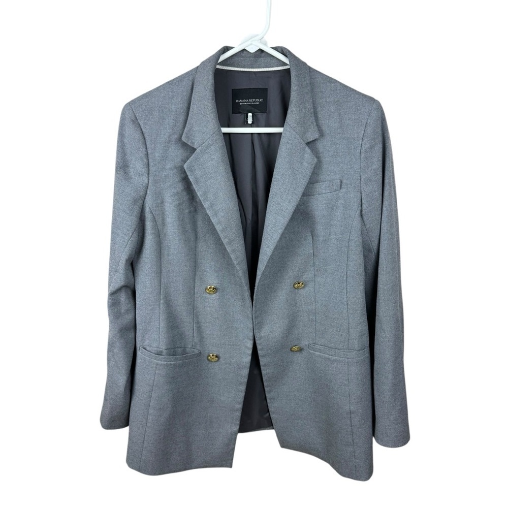 Banana Republic Boyfriend Blazer Gray Gold Buttons Double Breasted Size 10